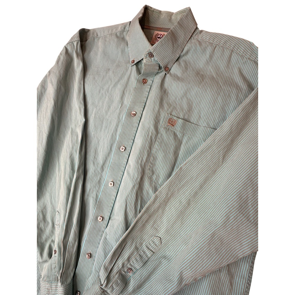 Cinch Mens Large Teal Tan Striped Cotton Long Sleeve Button Down Shirt Logo L
